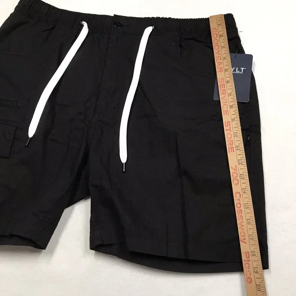 NWT BYLT Cargo Shorts Men 2XL XXL 36W Black Rip Stop Drawstring Zip Fly